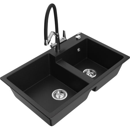 Mexen Tomas granitový dřez 2-komorový s kuchyňskou baterií Duo, černý - 6516-77-671701-07