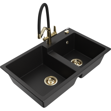 Mexen Tomas dvoukomorový žulový dřez s kuchyňskou baterií Duo, černý - 6516-77-671701-57-G
