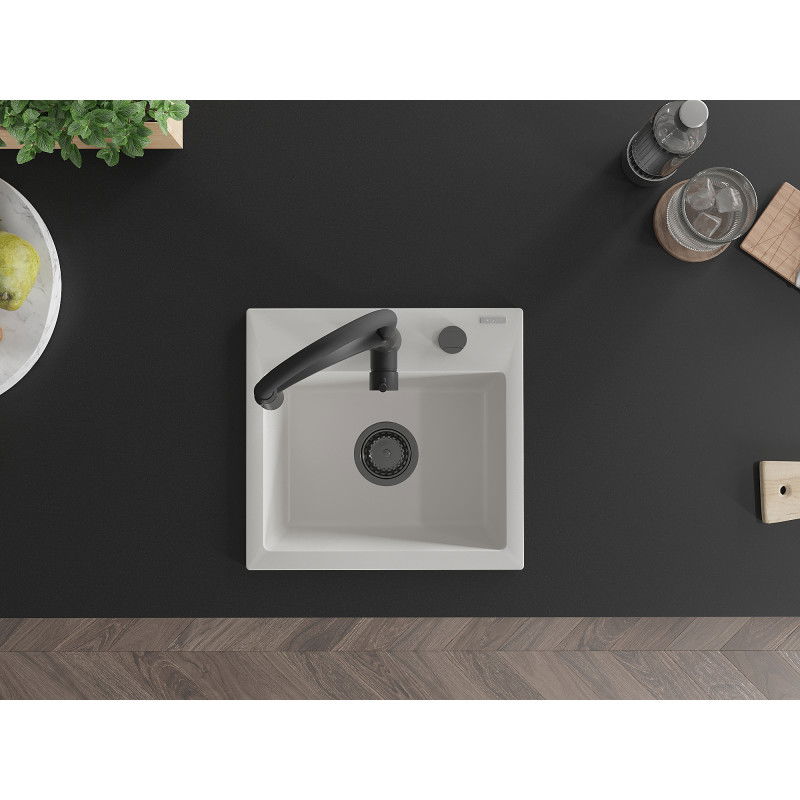 Mexen Milo granitový dřez 1-komorový s kuchyňskou baterií Aster, bílý - 6505-20-73450-70-B