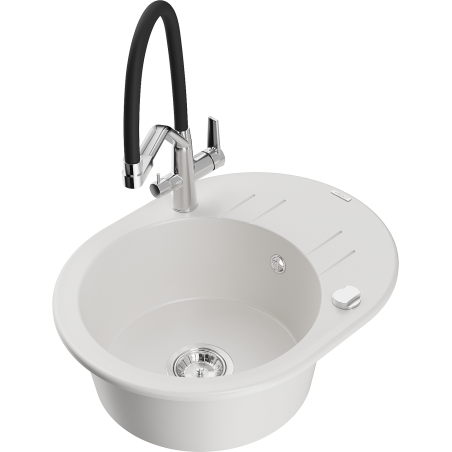 Mexen Kevin granitový dřez 1-komorový s kuchyňskou baterií Duo, bílý - 6517-20-671701-07