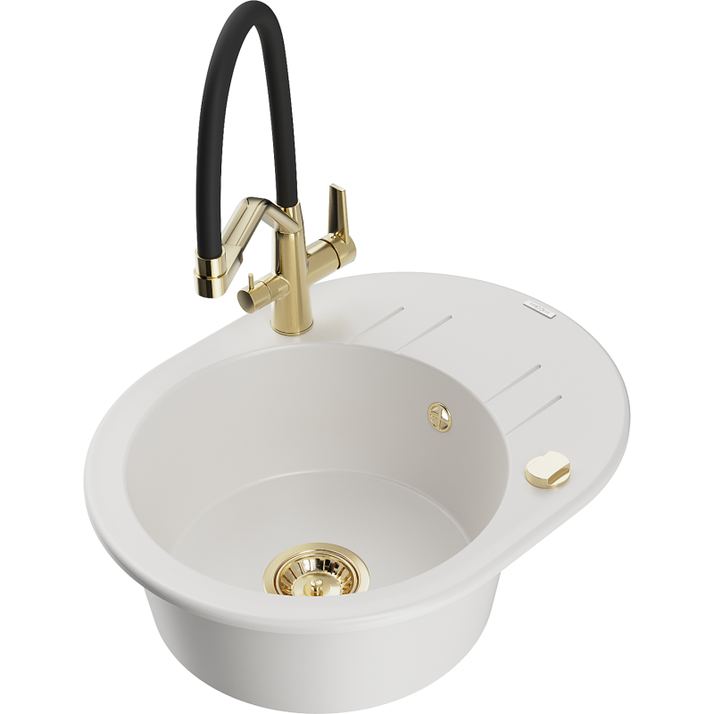 Mexen Kevin granitový dřez 1-komorový s kuchyňskou baterií Duo, bílý - 6517-20-671701-57-G