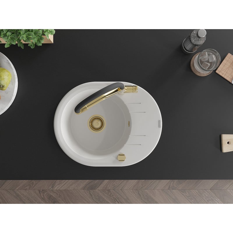 Mexen Kevin granitový dřez 1-komorový s kuchyňskou baterií Duo, bílý - 6517-20-671701-57-G