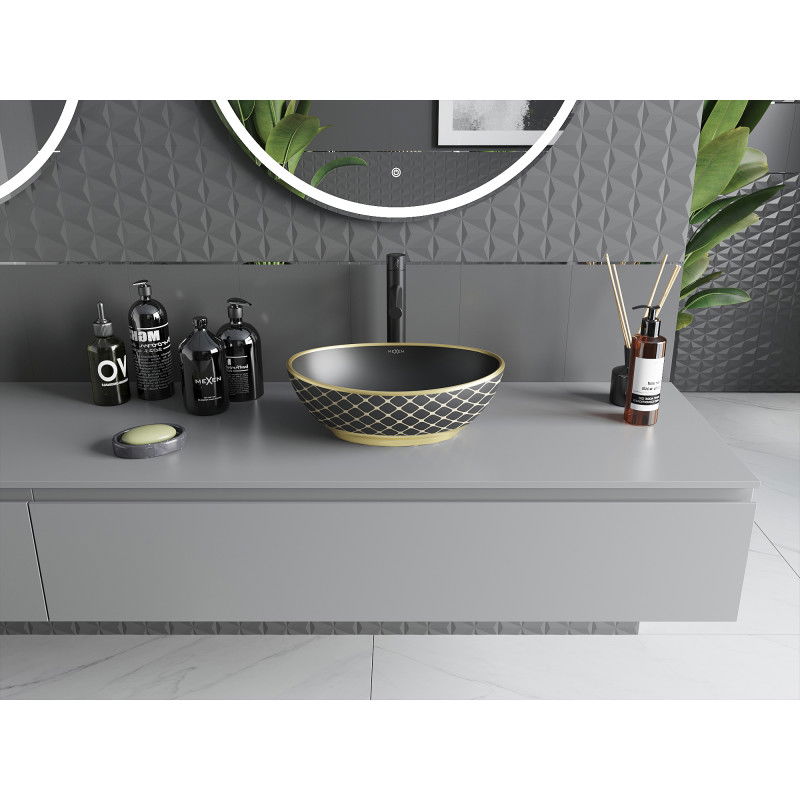Mexen Elza umyvadlo na desku 40 x 33 cm, černá mat/zlatý vzor mřížka - 21014029