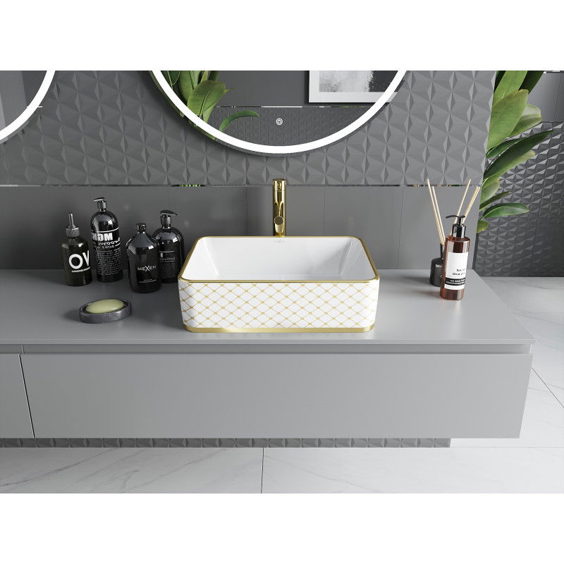 Mexen Catia umyvadlo na desku 48 x 37 cm, bílá/zlatá mřížkový vzor - 21314809