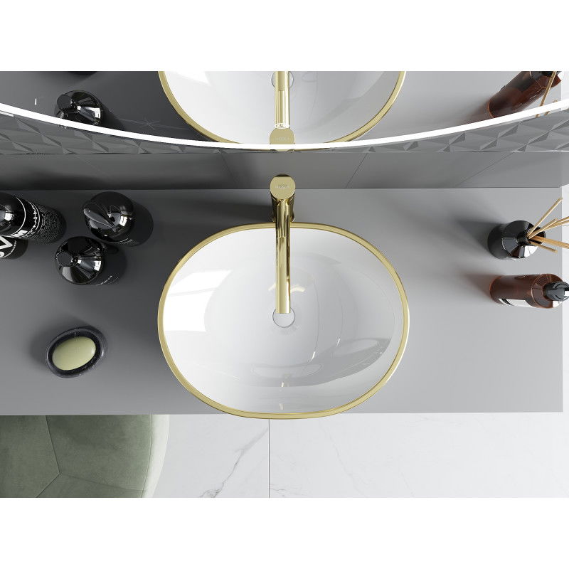 Mexen Viki umyvadlo na desku 48 x 35 cm, bílá/zlatá vzor mřížka - 21054809