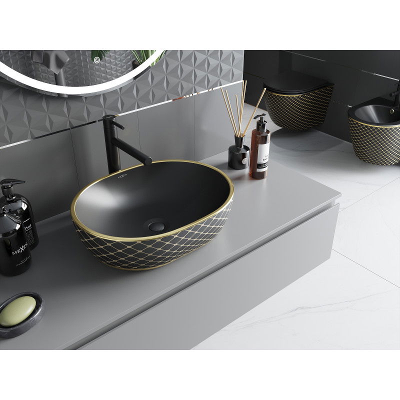 Mexen Viki umyvadlo na desku 48 x 35 cm, černá matná/zlatý vzor mřížka - 21054879