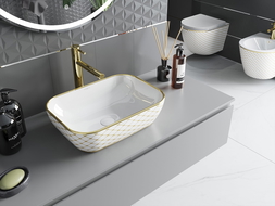 Mexen Rita umyvadlo na desku 45 x 32 cm, bílá/zlatá vzor mřížka - 21084509