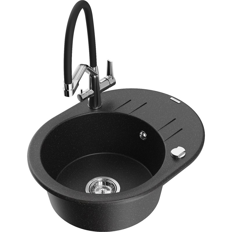 Mexen Kevin jednovanový žulový dřez s kuchyňskou baterií Duo, černá/stříbrný metalický - 6517-73-671701-07