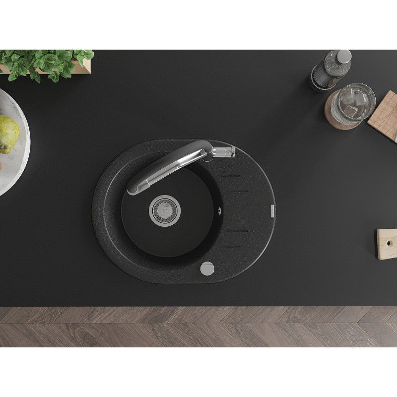 Mexen Kevin jednovanový žulový dřez s kuchyňskou baterií Duo, černá/stříbrný metalický - 6517-73-671701-07