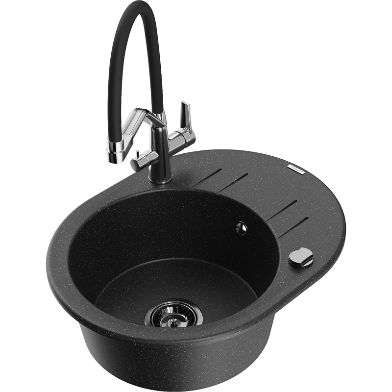 Mexen Kevin granitový dřez s 1 komorou a kuchyňskou baterií Duo, černý/stříbrný metalík - 6517-73-671701-07-B