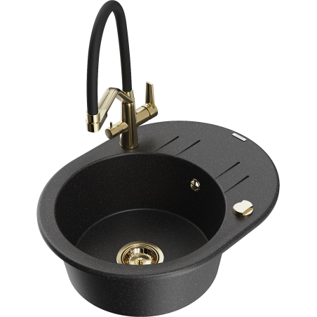 Mexen Kevin granitový kuchyňský dřez 1-komorový s kuchyňskou baterií Duo, černý/stříbrný metalík - 6517-73-671701-57-G