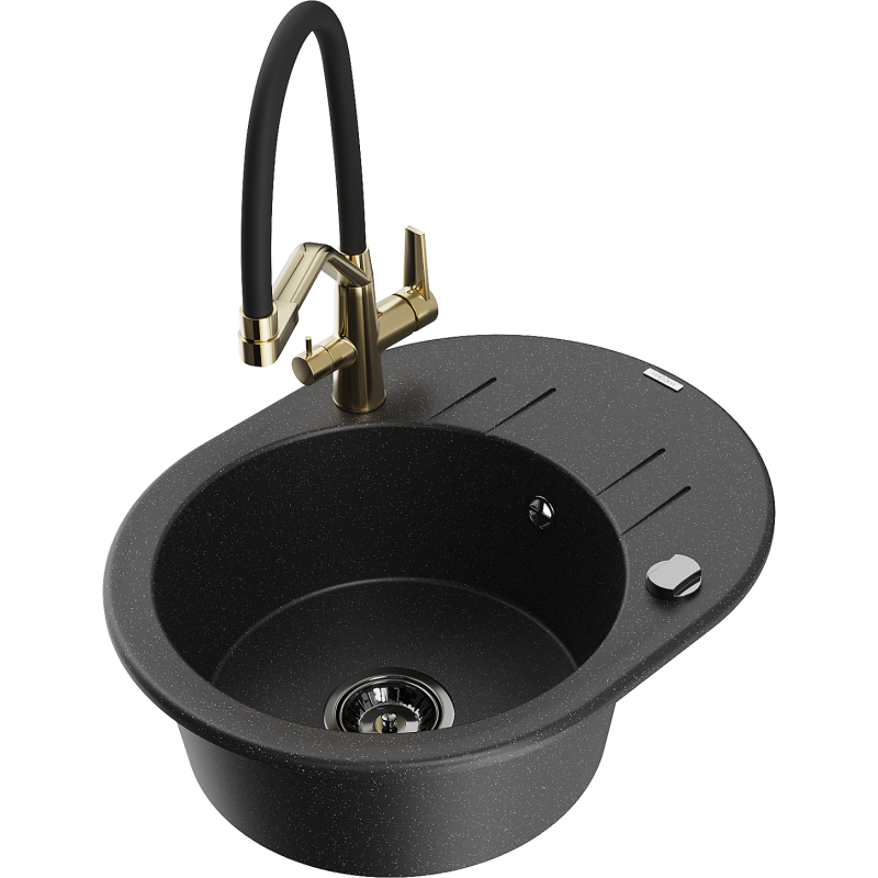 Mexen Kevin granitový dřez 1-komorový s kuchyňskou baterií Duo, černý/stříbrný metalik - 6517-73-671701-57-B