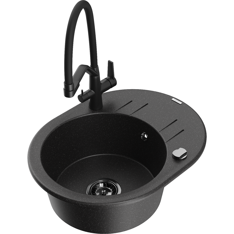 Mexen Kevin granitový dřez 1-komorový s kuchyňskou baterií Duo, černý/stříbrný metalik - 6517-73-671701-70-B