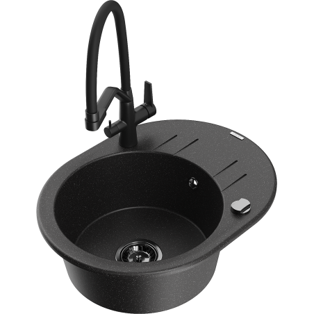 Mexen Kevin granitový dřez 1-komorový s kuchyňskou baterií Duo, černý/stříbrný metalik - 6517-73-671701-70-B