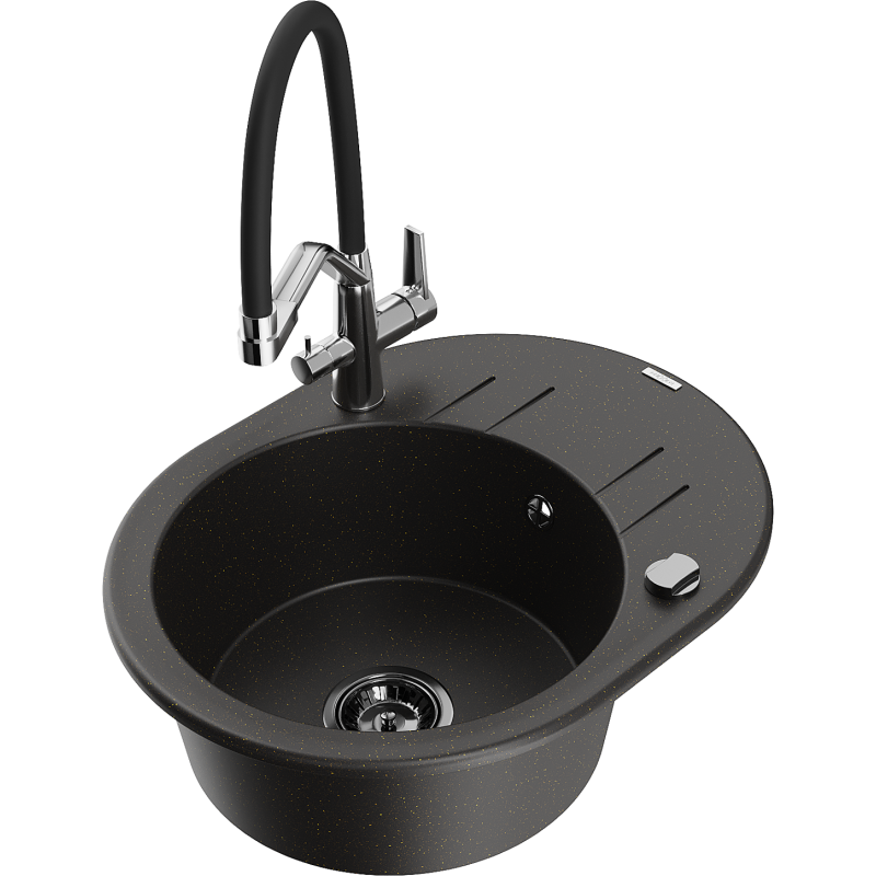 Mexen Kevin granitový dřez 1-komorový s kuchyňskou baterií Duo, černý/zlatý metalik - 6517-75-671701-07-B