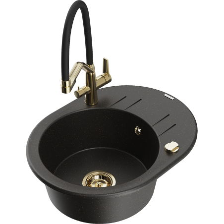 Mexen Kevin granitový dřez 1-komorový s kuchyňskou baterií Duo, černý/zlatý metalik - 6517-75-671701-57-G