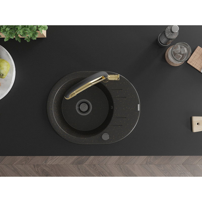 Mexen Kevin granitový dřez 1-komorový s kuchyňskou baterií Duo, černý/zlatý metalický - 6517-75-671701-57-B