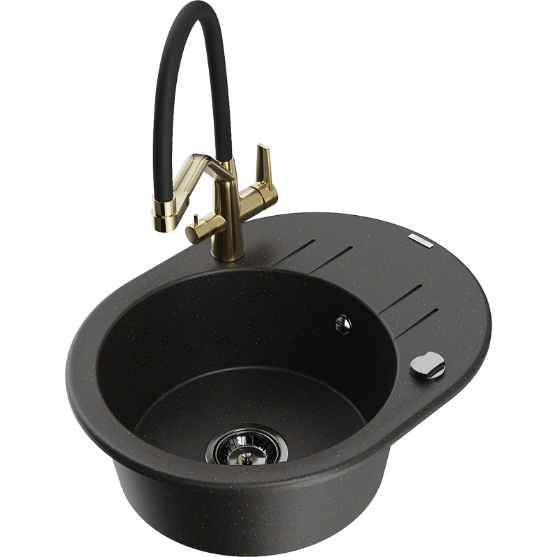 Mexen Kevin granitový dřez 1-komorový s kuchyňskou baterií Duo, černý/zlatý metalický - 6517-75-671701-57-B