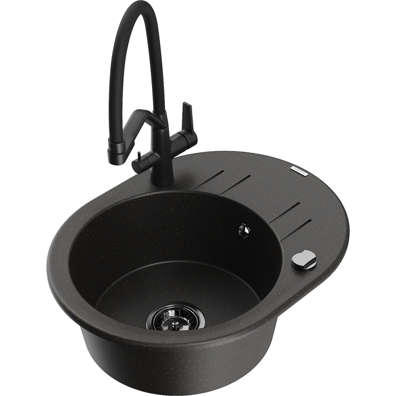 Mexen Kevin žulový dřez s 1 komorou a kuchyňskou baterií Duo, černý/zlatý metalický - 6517-75-671701-70-B