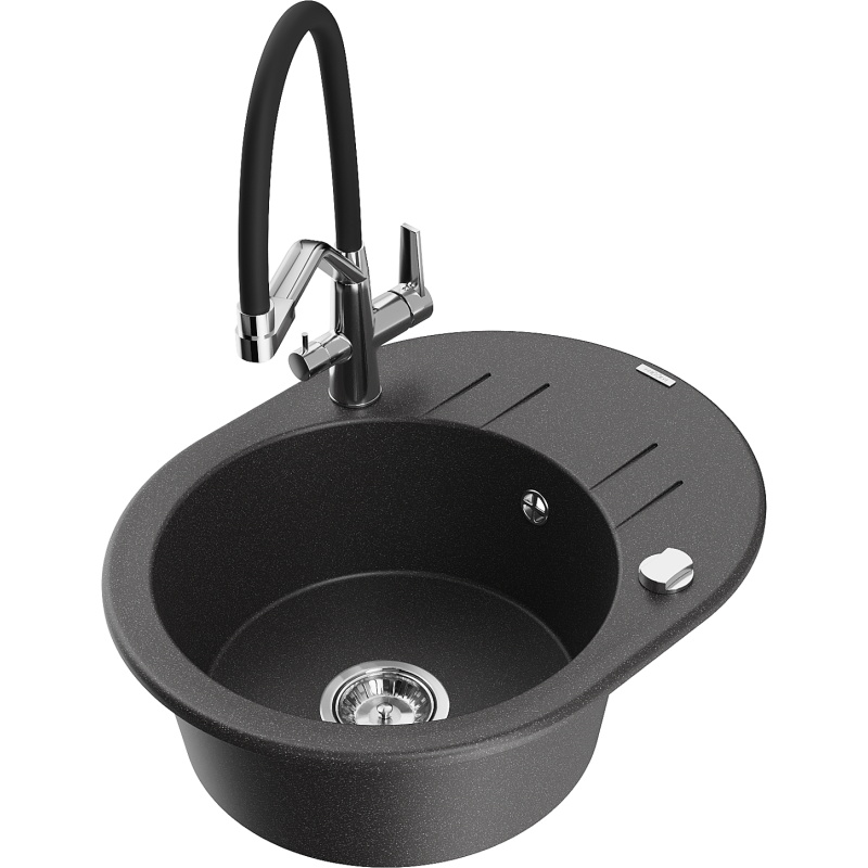 Mexen Kevin granitový dřez 1-komorový s kuchyňskou baterií Duo, černý skvrnitý - 6517-76-671701-07