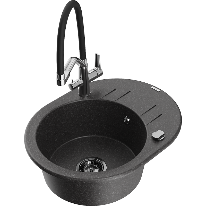 Mexen Kevin granitový dřez 1-komorový s kuchyňskou baterií Duo, černý s tečkami - 6517-76-671701-07-B