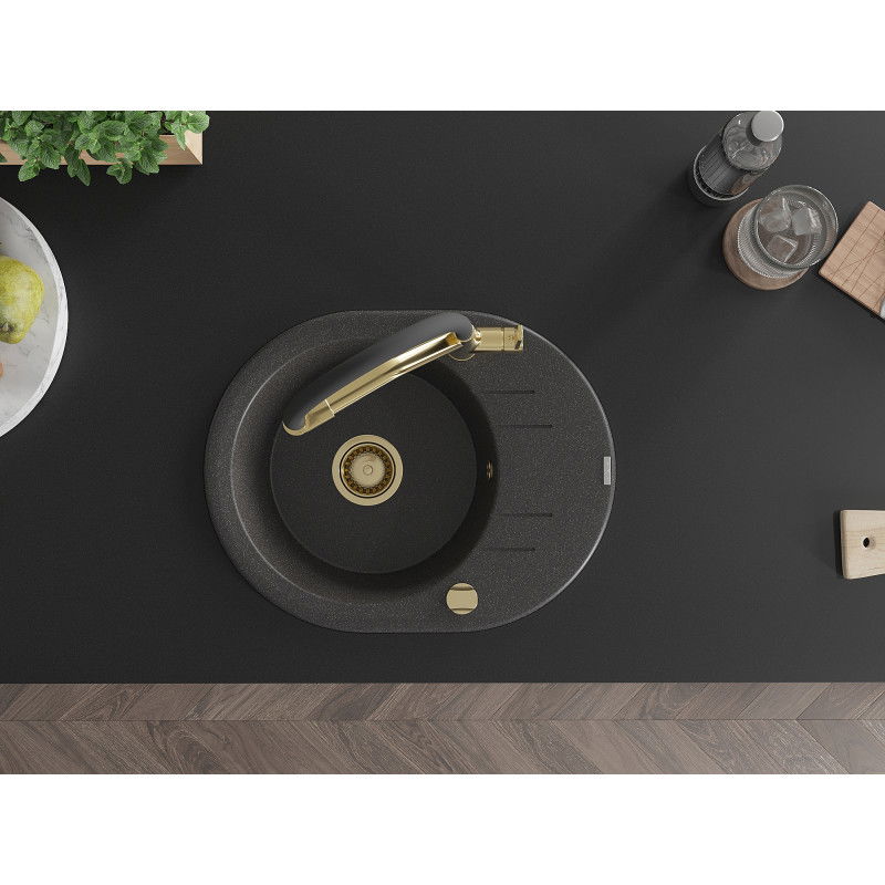 Mexen Kevin granitový dřez 1-komorový s kuchyňskou baterií Duo, černý tečkovaný - 6517-76-671701-57-G