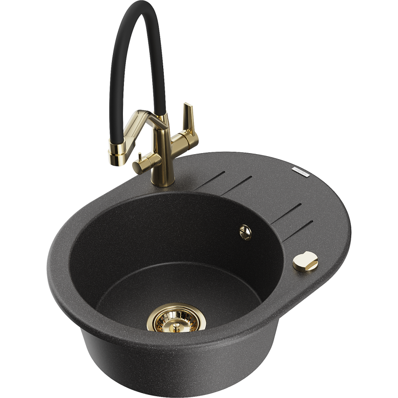 Mexen Kevin granitový dřez 1-komorový s kuchyňskou baterií Duo, černý tečkovaný - 6517-76-671701-57-G