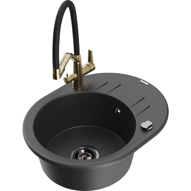 Mexen Kevin granitový dřez 1-komorový s kuchyňskou baterií Duo, černý skvrnitý - 6517-76-671701-57-B