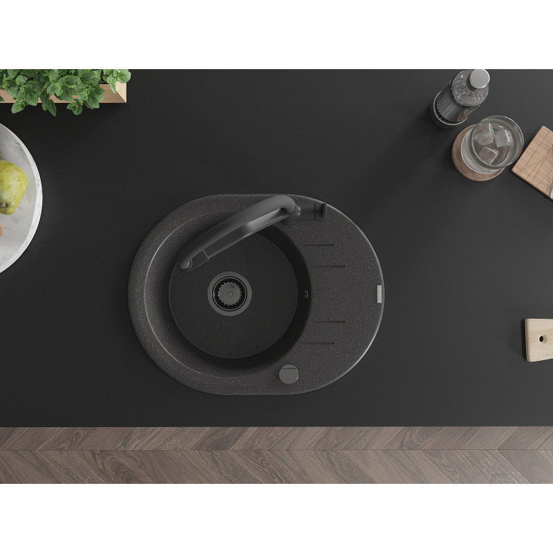 Mexen Kevin granitový dřez 1-komorový s kuchyňskou baterií Duo, černý skvrnitý - 6517-76-671701-70-B