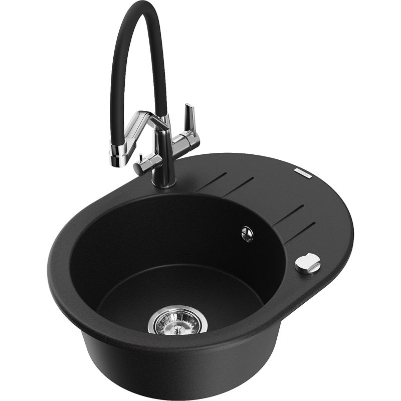 Mexen Kevin granitový dřez 1-komorový s kuchyňskou baterií Duo, černý - 6517-77-671701-07