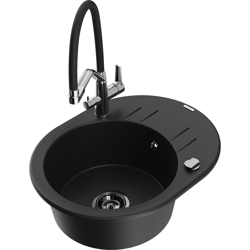 Mexen Kevin granitový dřez 1-komorový s kuchyňskou baterií Duo, černý - 6517-77-671701-07-B