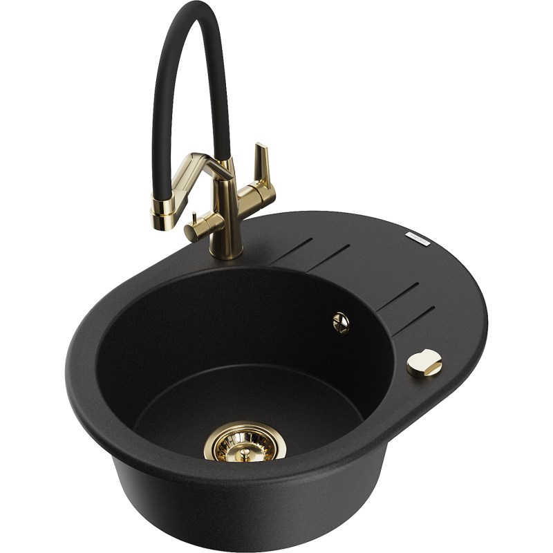 Mexen Kevin granitový dřez s 1 komorou a kuchyňskou baterií Duo, černý - 6517-77-671701-57-G