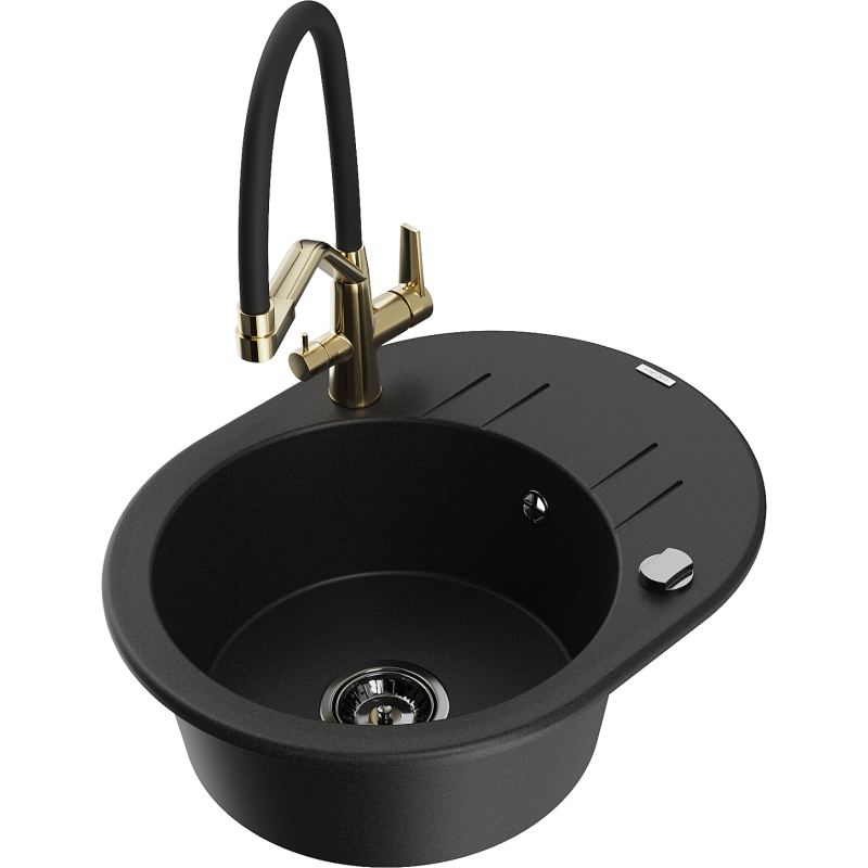 Mexen Kevin granitový dřez s jednou komorou a kuchyňskou baterií Duo, černý - 6517-77-671701-57-B