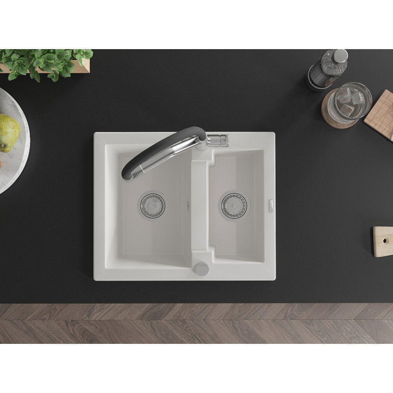 Mexen Carlos granitový dřez 1,5-komorový s kuchyňskou baterií Duo, bílý - 6518-20-671701-07