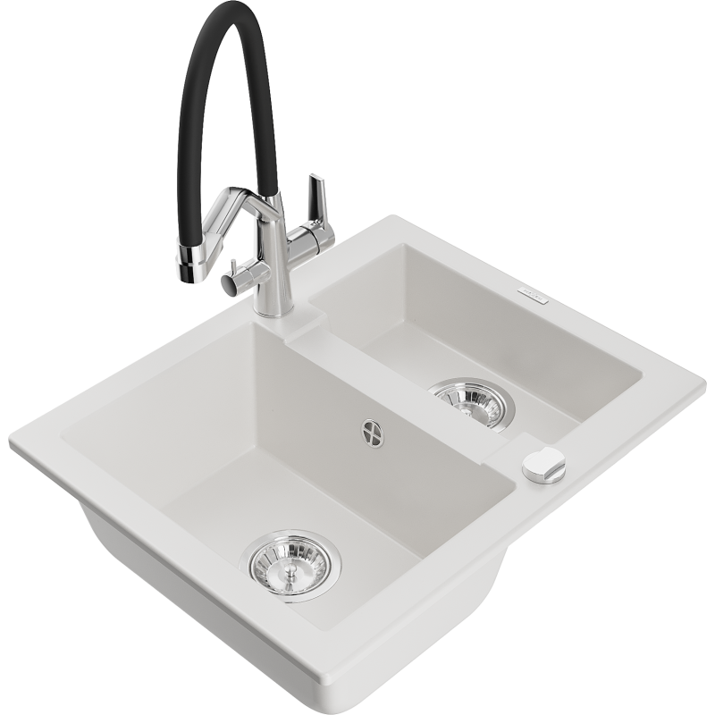 Mexen Carlos granitový dřez 1,5-komorový s kuchyňskou baterií Duo, bílý - 6518-20-671701-07