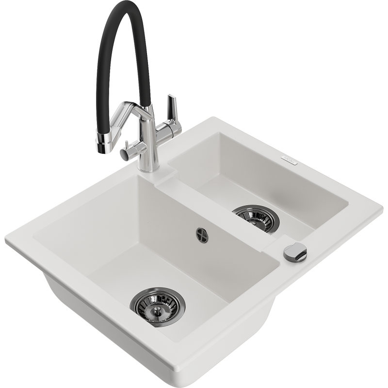 Mexen Carlos granitový dřez 1,5-komorový s kuchyňskou baterií Duo, bílý - 6518-20-671701-07-B