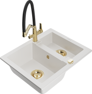 Mexen Carlos dřez žulový 1,5-komorový s kuchyňskou baterií Duo, bílý - 6518-20-671701-57-G