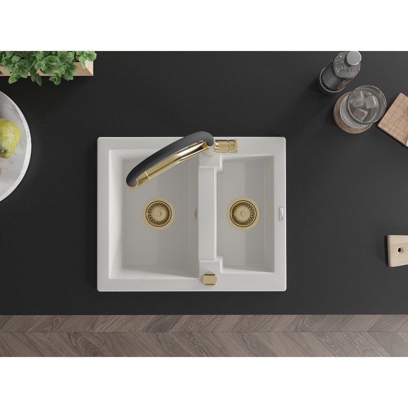 Mexen Carlos dřez žulový 1,5-komorový s kuchyňskou baterií Duo, bílý - 6518-20-671701-57-G