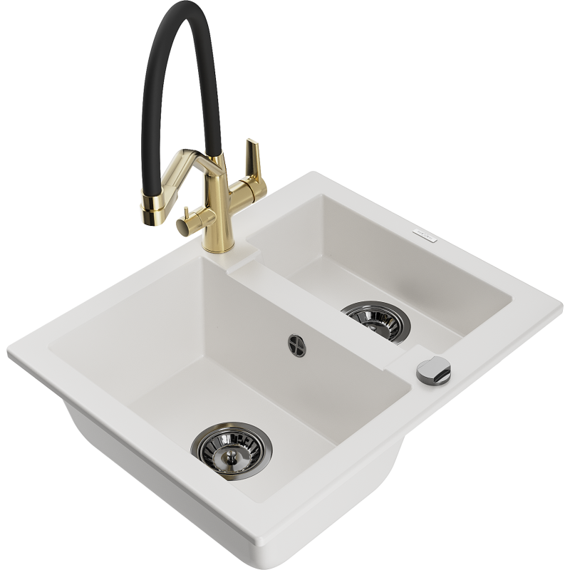 Mexen Carlos granitový dřez 1,5-komorový s kuchyňskou baterií Duo, bílý - 6518-20-671701-57-B