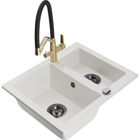 Mexen Carlos granitový dřez 1,5-komorový s kuchyňskou baterií Duo, bílý - 6518-20-671701-57-B