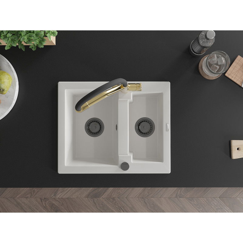 Mexen Carlos granitový dřez 1,5-komorový s kuchyňskou baterií Duo, bílý - 6518-20-671701-57-B