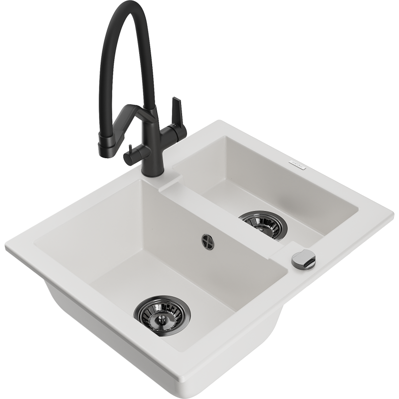 Mexen Carlos 1,5-komorový granitový dřez s kuchyňskou baterií Duo, bílý - 6518-20-671701-70-B