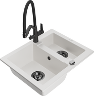 Mexen Carlos 1,5-komorový granitový dřez s kuchyňskou baterií Duo, bílý - 6518-20-671701-70-B