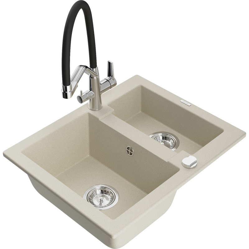 Mexen Carlos granitový dřez 1,5-komorový s kuchyňskou baterií Duo, béžový - 6518-69-671701-07