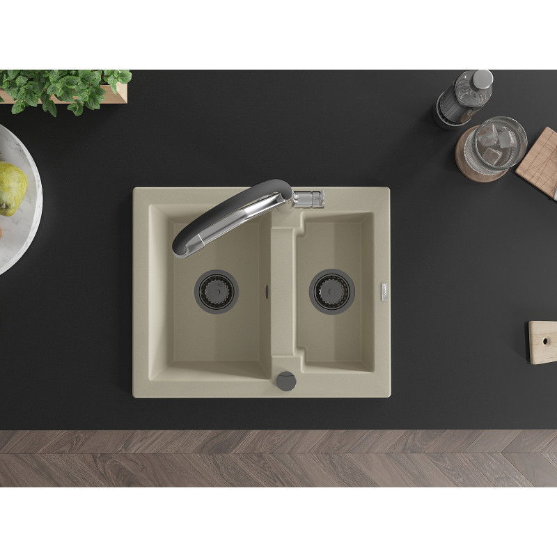 Mexen Carlos granitový dřez 1,5-komorový s kuchyňskou baterií Duo, béžový - 6518-69-671701-07-B