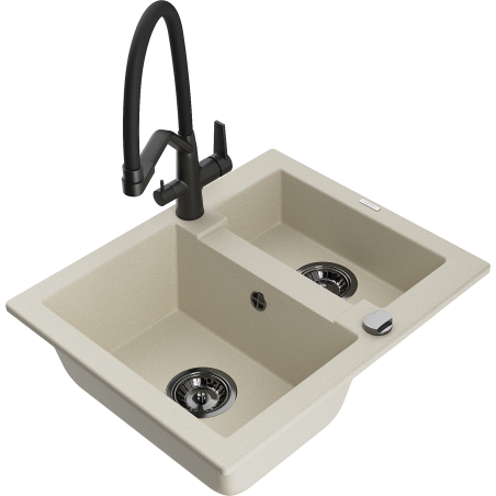 Mexen Carlos žulový dřez 1,5-komorový s kuchyňskou baterií Duo, béžový - 6518-69-671701-70-B