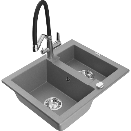 Mexen Carlos granitový dřez 1,5-komorový s kuchyňskou baterií Duo, šedý - 6518-71-671701-07