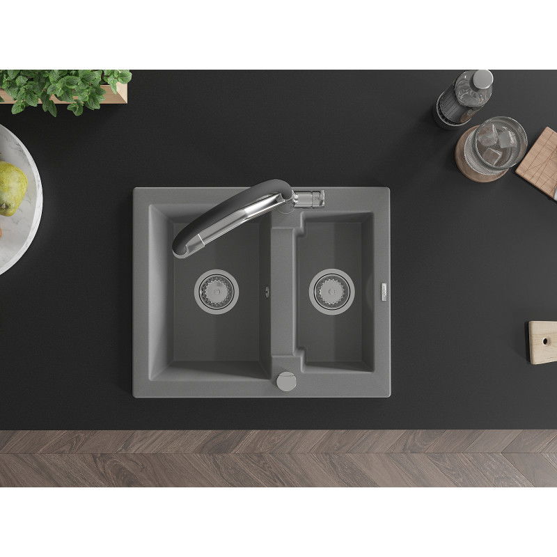 Mexen Carlos granitový dřez 1,5-komorový s kuchyňskou baterií Duo, šedý - 6518-71-671701-07
