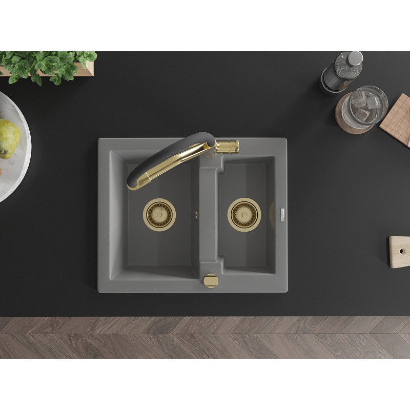 Mexen Carlos granitový dřez 1,5-komorový s kuchyňskou baterií Duo, šedý - 6518-71-671701-57-G