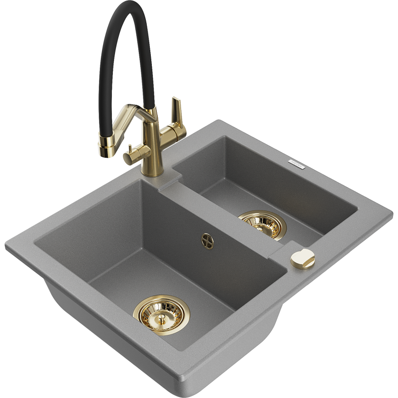 Mexen Carlos granitový dřez 1,5-komorový s kuchyňskou baterií Duo, šedý - 6518-71-671701-57-G